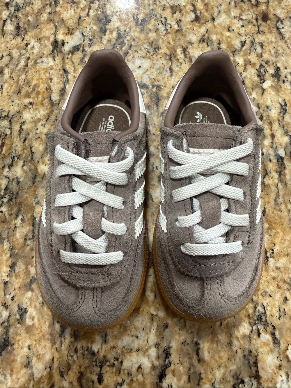 adidas Kids Taupe Suede Sneakers with White Stripes